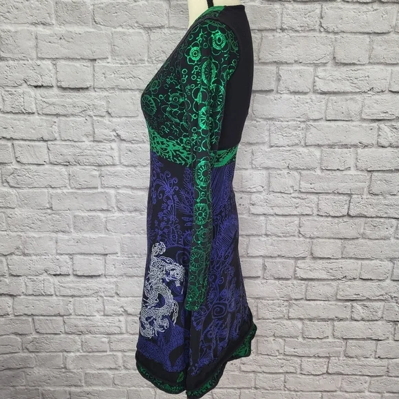 Desigual dress black green blue fit flare long sleeve dragon zebra detail Sz S - Picture 7 of 15
